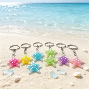 Colorful glitter starfish keychain resin pentagram bag charm beach summer key ring pendant