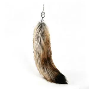 Fluffy faux fur tail keychain detail, brown gradient design with durable metal keyring.