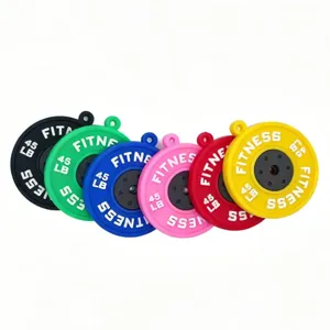 Mini fitness barbell weight plate keychain pendant set, colorful gym backpack ornament accessory.