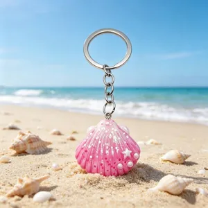 Pink shell keychain cute beach ocean style bag charm metal ring pendant cute accessory.