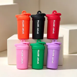 Miniature sport shaker bottle keychain detail view, colorful fitness pendant display.