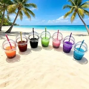 Set di ciondoli in resina per tazza da tè boba in miniatura con cannucce colorate e coperchi.