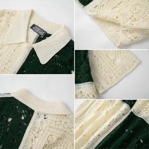 Detailed view of handmade-style crochet hollow knit polo shirt with color-block texture