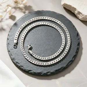 Vue détaillée d'une chaîne gourmette en acier inoxydable avec fermoir mousqueton.