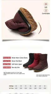Detailed size guide and material features for warm waterproof winter snow boots