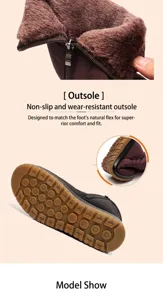 Detailed view of the non-slip rubber outsole and warm plush lining of these winter snow boots