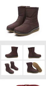 Detailed views of warm winter snow boots for women with non-slip rubber soles