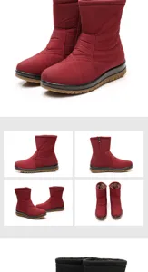 Detailed multi-angle views of waterproof red snow boots with warm plush lining and side zipper.