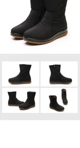 Multi-angle view of black waterproof snow boots with inner zipper and warm lining.