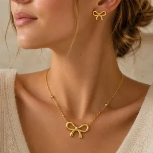 Elegantes minimalistisches goldenes Schleifenknoten Halsketten und Ohrring-Schmuckset