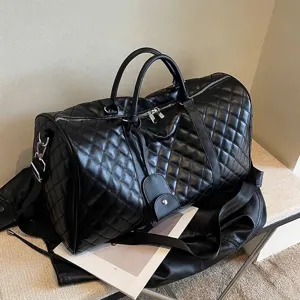 Grand Sac de Voyage en Cuir PU Matelassé pour Femme Sac de Sport Noir Avec Bandoulière Séparation Sec Humide Sac à Bagages