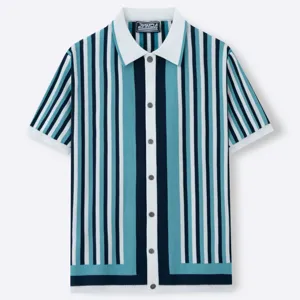 Classic short-sleeved knitted Polo shirt featuring vertical blue and navy stripes