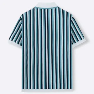 Back view of men's short sleeve knitted polo shirt with blue and white vertical stripes.