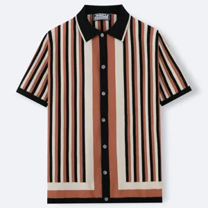 Close-up detail of a men's retro vertical striped knit polo shirt with short sleeves