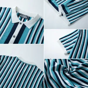 Detail views of men's striped knit Polo shirt showing collar, fabric, and cuffs