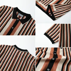 Detailed views of men's vertical striped knit polo shirt showing fabric texture and collar