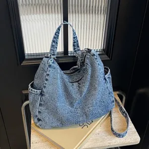 Sac Hobo en Denim Vintage Grande Capacité pour Femmes Décontracté Multi Poche Sac Bandoulière Sangle Réglable Sac à Main en Denim Rétro