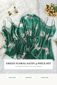 Detail des 4-teiligen grünen Satin-Pyjama-Sets mit Morgenmantel, Top, Shorts und Kleid