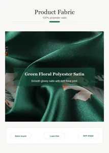 Nahaufnahme von grünem Blumen-Satin-Stoff mit glänzendem Finish und weichem Faltenwurf