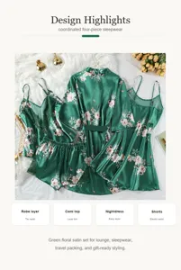 Detaillierte Highlights des 4-teiligen grünen Satin-Nachtwäsche-Sets mit Blumen
