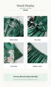 Detailansichten der grünen Blumen-Satin-Nachtwäsche mit Spitze und elastischem Bund.
