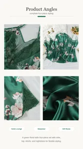 Vierteiliges Schlafanzug-Set aus grünem Satin mit Blumenmuster und Robe-Detailsansicht