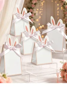 Detailansicht weißer Hasenohr-Geschenktüten mit rosa Schleifen auf transparenten Ständern