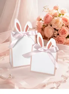 Nahaufnahme von DIY-Osterhasen-Geschenktüten mit rosa Seifenbändern für Süßigkeiten