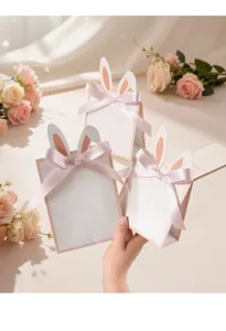 Nahaufnahme von handgehaltenen rosa Hasenohr-Geschenktüten mit Satinbändern für Osterfeiern