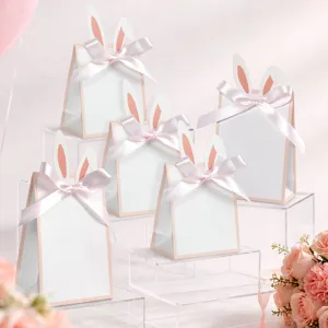 10er Set weiße Oster-Geschenktüten mit Hasenohren und rosa Schleifen für Süßigkeiten