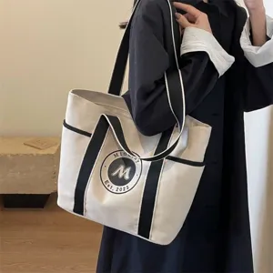 Women Large Capacity Canvas Tote Bag Casual Minimalist Shoulder Bag For Commute College Students School Midolay Logo Print Handbag