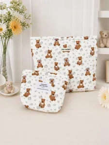 Trousses de maquillage matelassées avec imprimé ours mignon et motifs floraux