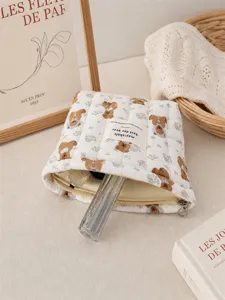 Trousse à maquillage matelassée avec motif ours, grande capacité pour le voyage.