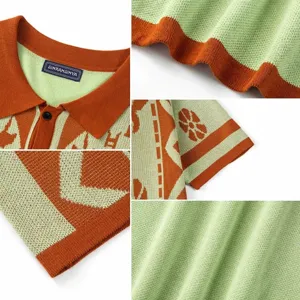 Detailed macro view of the ethnic jacquard knit pattern and texture on a polo cardigan.