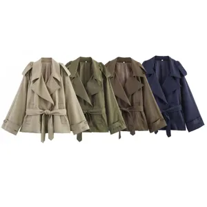 Casual loose lapel trench coat jackets with waist belt shown in four stylish colors