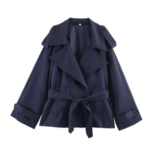 Front view of a stylish navy blue women's short trench coat with lapel and waist belt