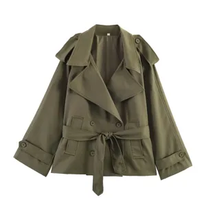 Stylish olive green short trench coat featuring wide lapels and a belted waist detail.