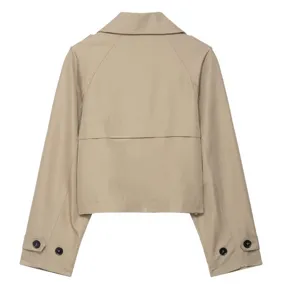 Back view of a cropped beige trench jacket with classic lapel design and back flap