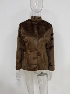 Elegant dark brown faux fur jacket with stand collar for autumn and winter warmth