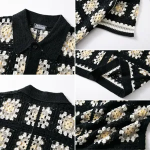 Detail views of crochet knit Polo shirt showing hollow out floral pattern and texture