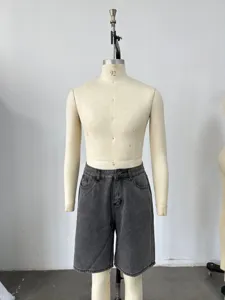 Men's loose casual straight denim shorts in washed grey displayed on a male dress form