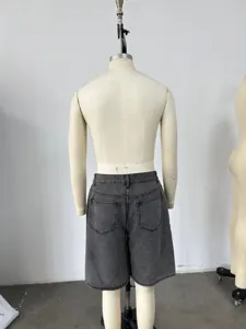 Detailed back view of men's casual loose straight-leg grey washed denim shorts on a mannequin