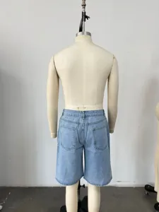 Back view of men's casual loose straight fit light blue denim shorts with pockets