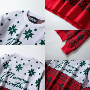 Detailweergave van de retro kersttrui voor heren met Merry Christmas-breipatroon.