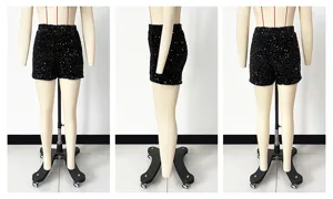Detail views of black sequined slim fit hot pants from front, side and back angles