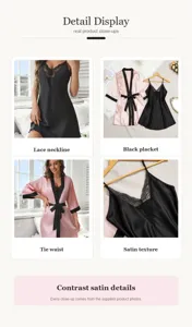 Détails de l'ensemble de nuit en satin pour femmes avec col en dentelle et taille nouée