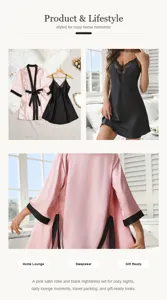 Détails de l'ensemble peignoir en satin rose et nuisette en dentelle noire pour le salon