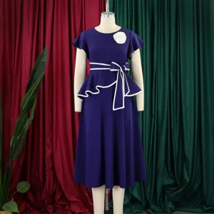 Elegant navy blue midi dress featuring ruffle sleeves and a white contrast bow belt