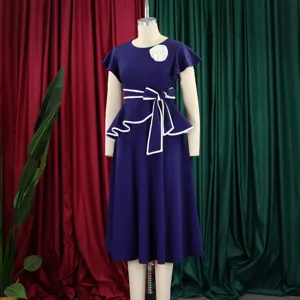 Elegant African summer midi dress with ruffles, tie-waist, and short sleeves in navy blue