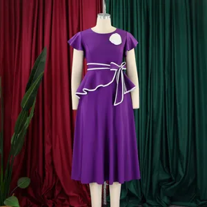 Purple African summer dress with ruffle peplum detail, white piping and tie waist design